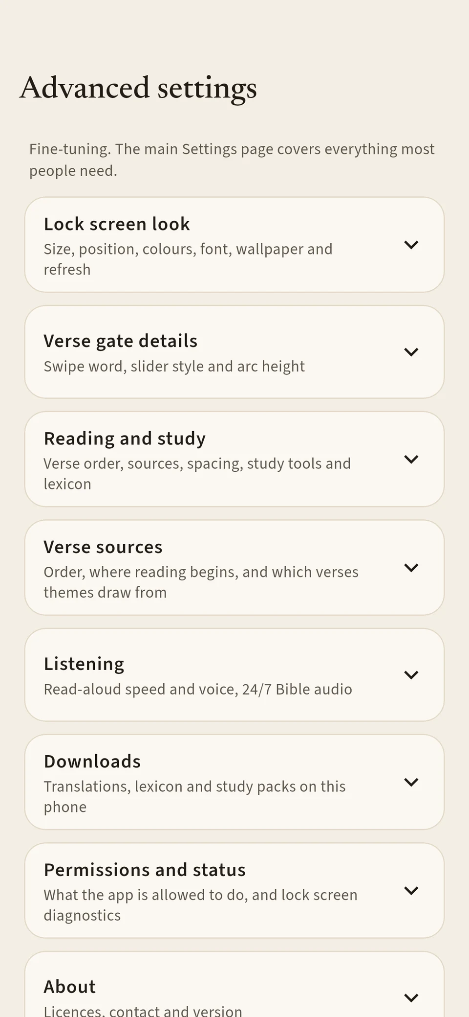 Advanced settings grouped into lock screen look, verse gate details, reading and study, verse sources, listening and downloads.