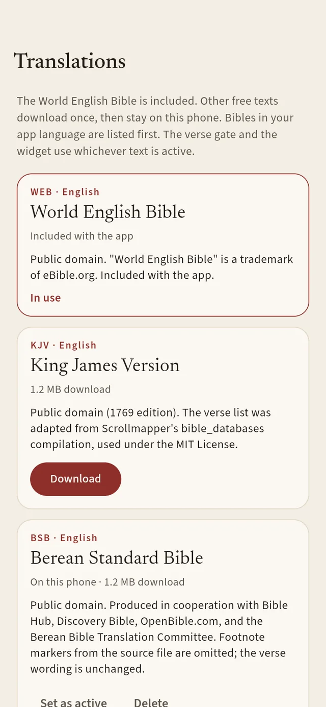 The Translations screen with the World English Bible in use, King James ready to download and the Berean Standard Bible on the phone.
