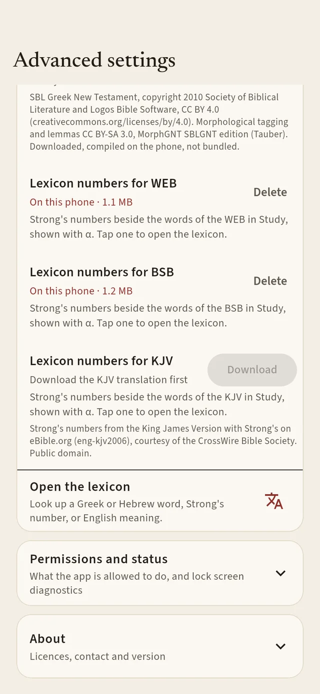 Settings, Downloads, listing optional packs with their sizes and Delete buttons.