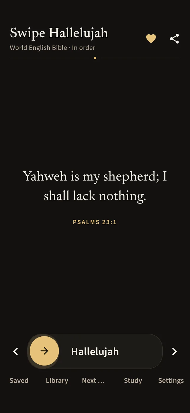 The home screen in the dark theme showing Psalm 23:1 in warm gold and cream.