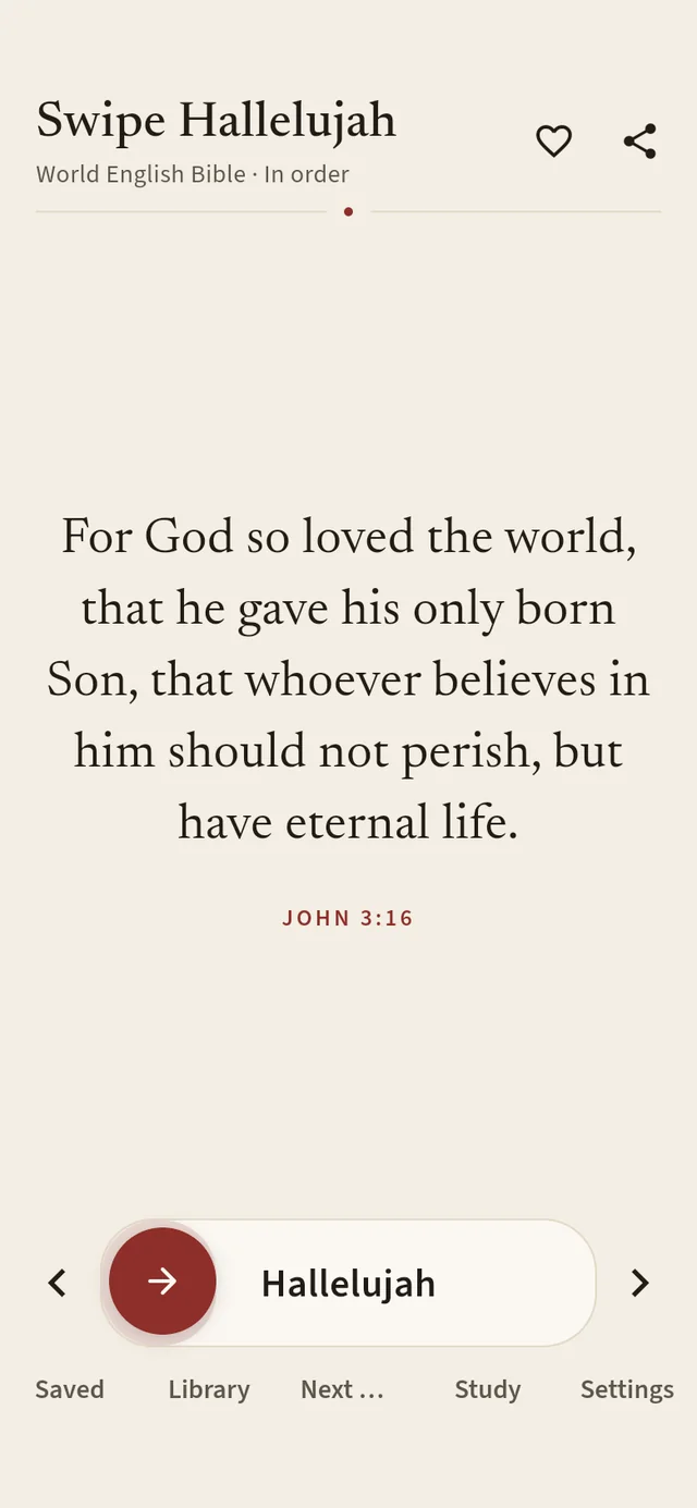 The home screen showing John 3:16 with a straight Hallelujah slider and a bottom bar for Saved, Library, Next, Study and Settings.