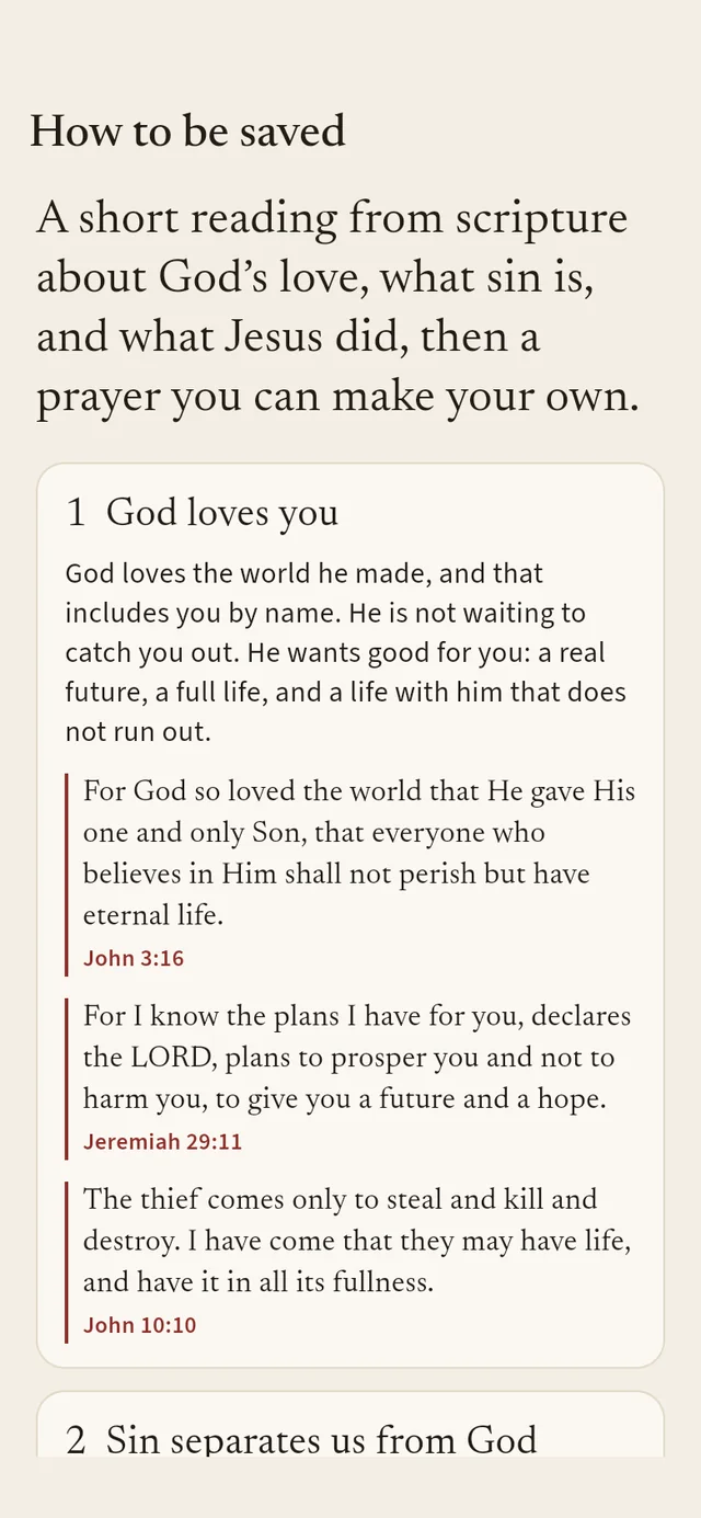 How to be saved: a short reading from Scripture about God's love, sin, and Jesus, with verse references.