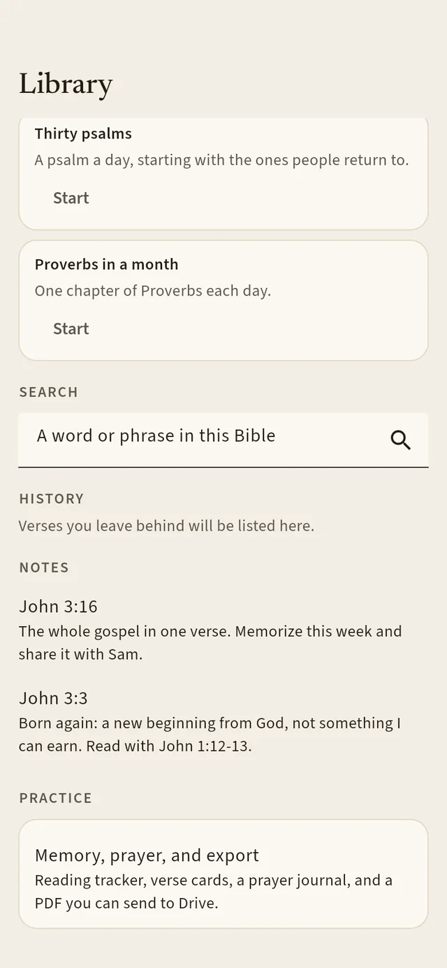The Library with Bible search, reading history and two personal notes on John 3:16 and John 3:3.