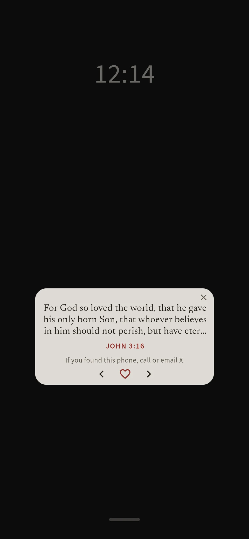 A dark phone lock screen at 12:14 with a small card showing John 3:16 and a reference.