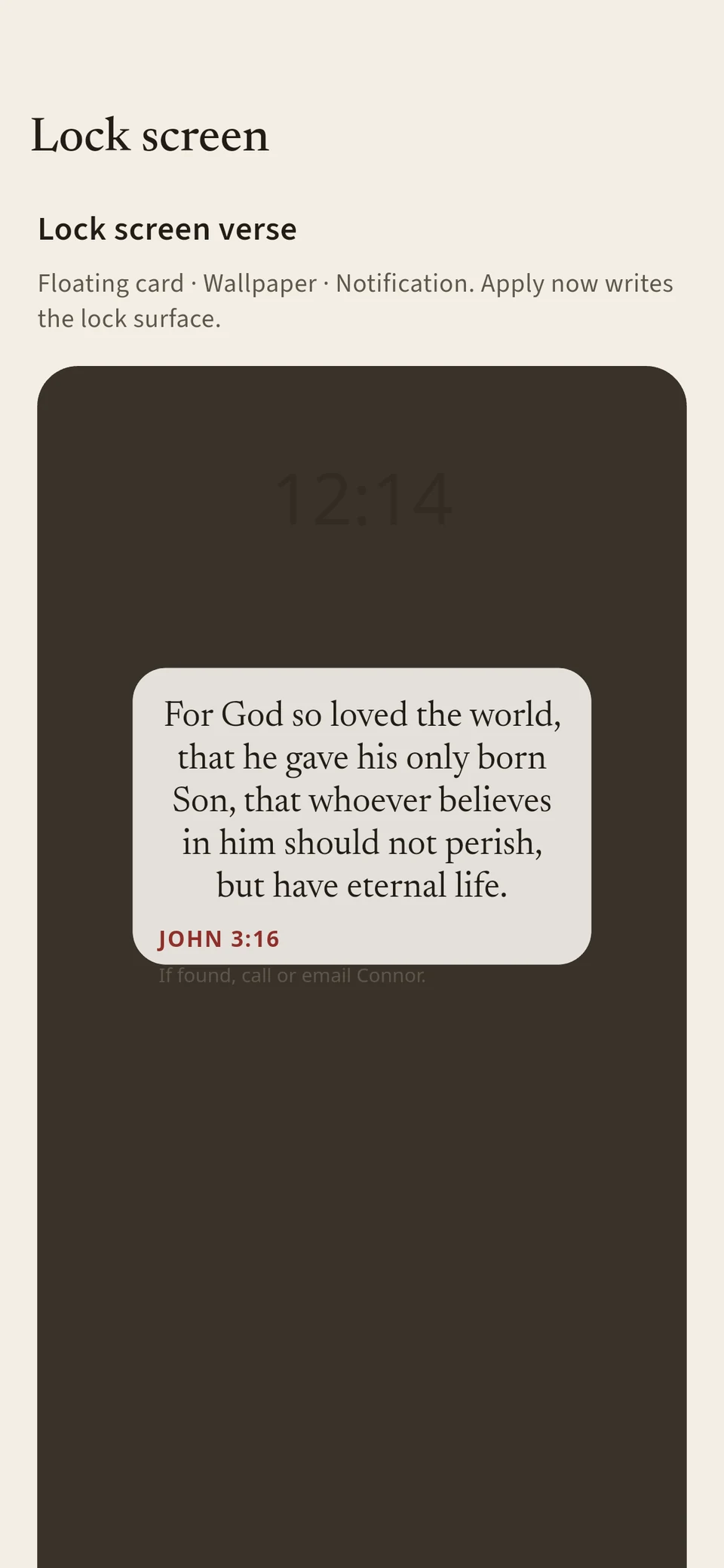 Lock screen settings with a preview of the verse on the lock wallpaper and options for mode, size and position.