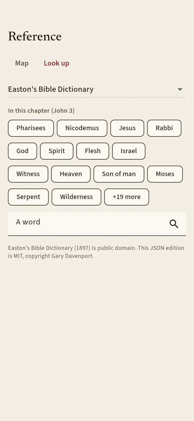 Easton's Bible Dictionary in Look up, with people and places from John 3 as chips.