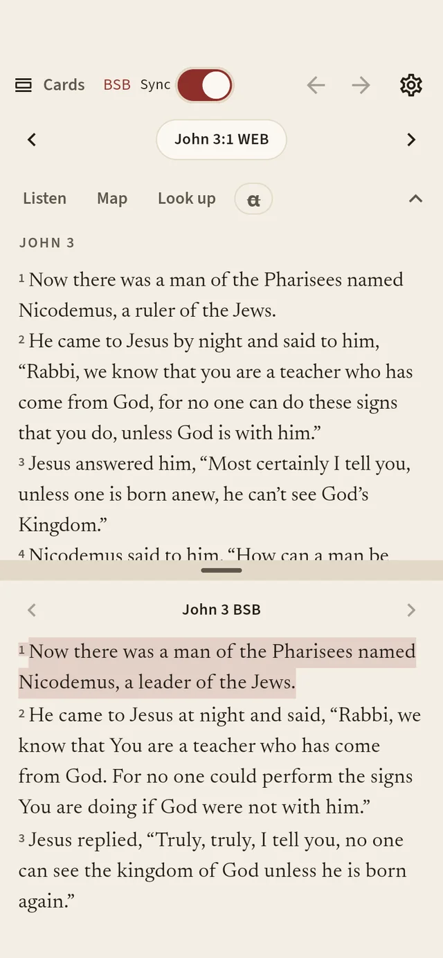 John 3 in the World English Bible on top and the Berean Standard Bible below, with Sync switched on.
