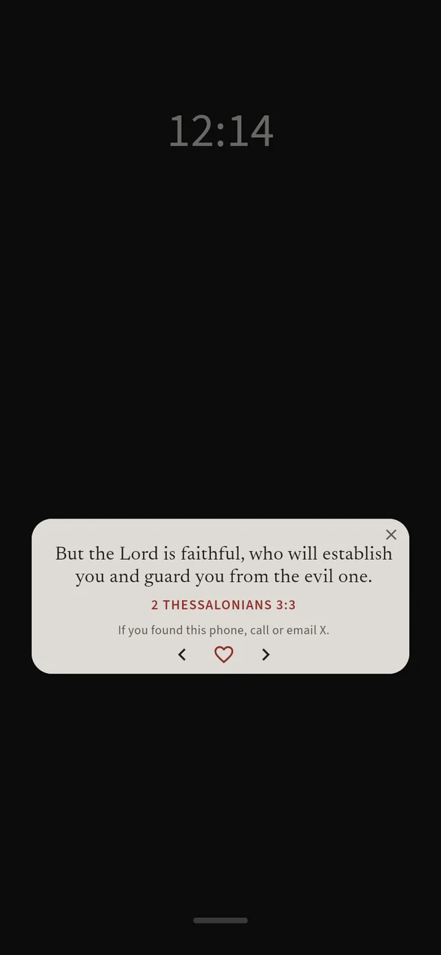 The floating lock card on a dark lock screen showing 2 Thessalonians 3:3: But the Lord is faithful, who will establish you and guard you from the evil one.