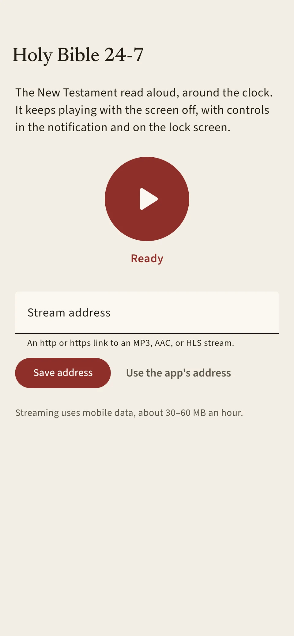 Holy Bible 24-7, a New Testament radio stream with a large play button.