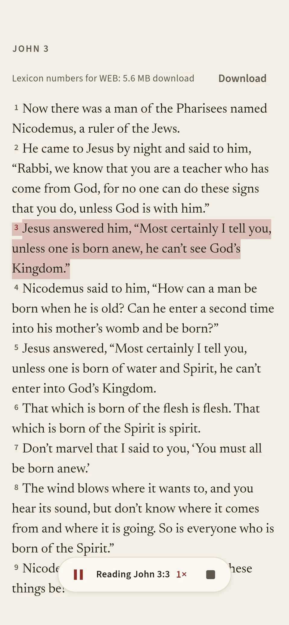John 3 being read aloud, with verse 3 highlighted and a player bar at the bottom.