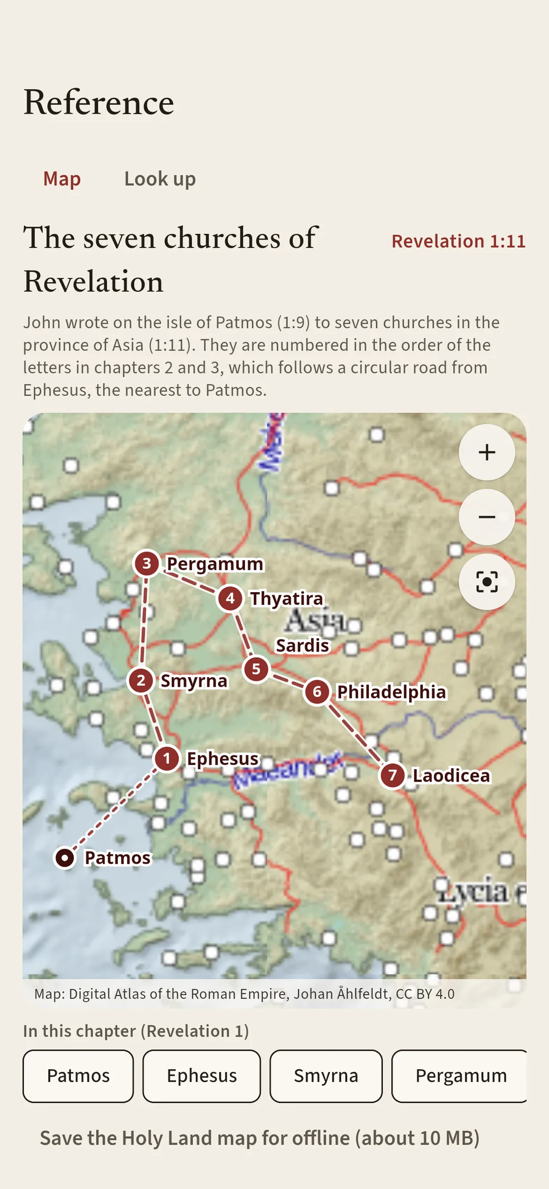 The map for Revelation 1: the isle of Patmos and the seven churches of Asia, Ephesus, Smyrna, Pergamum, Thyatira, Sardis, Philadelphia and Laodicea, numbered 1 to 7 and joined by a dashed line on an ancient-world atlas.