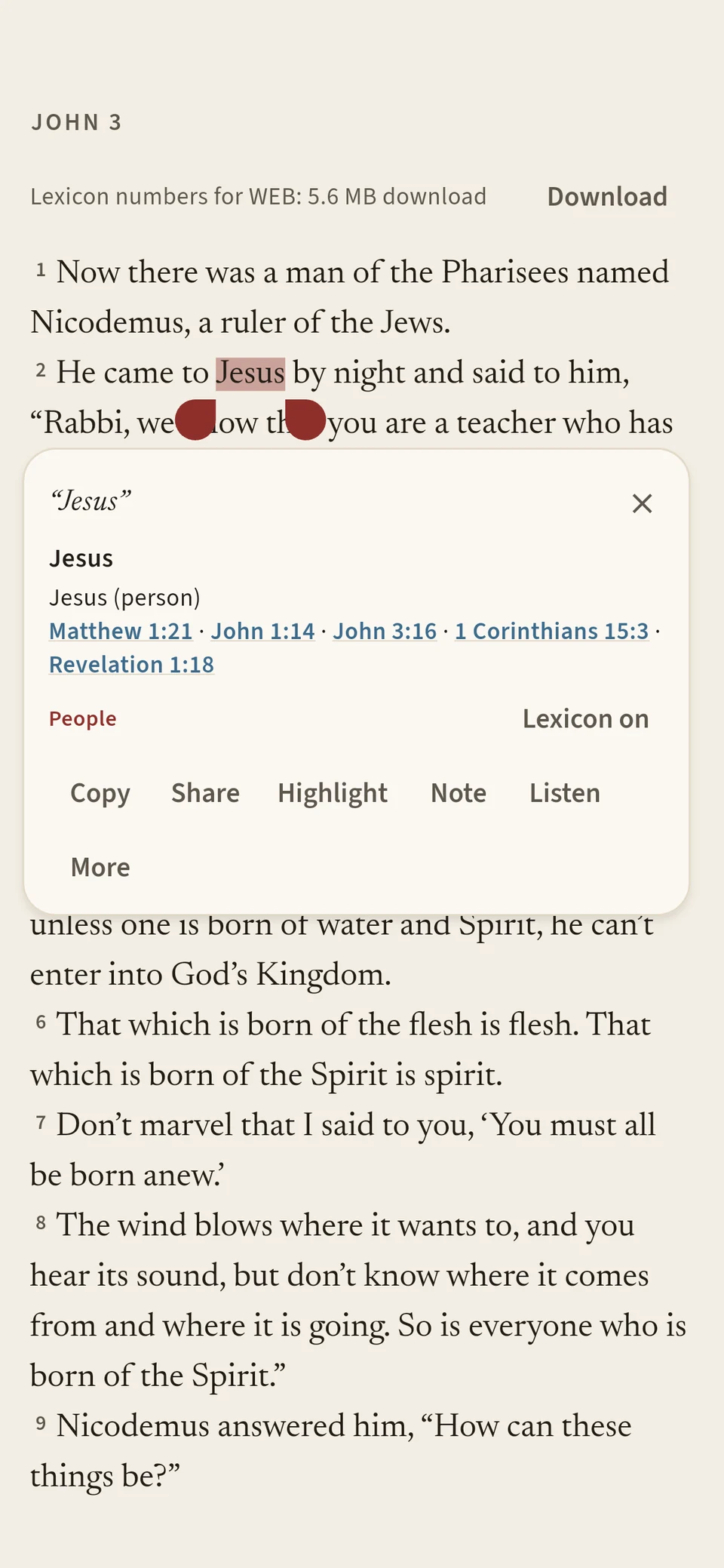 John 3 in Study with the word Jesus tapped. A popup describes Jesus with key references and offers Copy, Share, Highlight, Note and Listen.