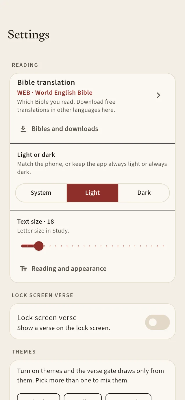 Settings with Bible translation, light or dark, text size and the lock screen verse.