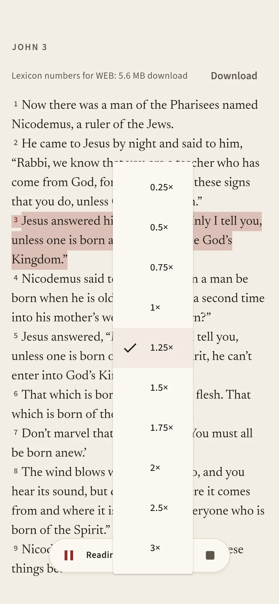 A speed menu from 0.25 times to 3 times over the read-aloud chapter.