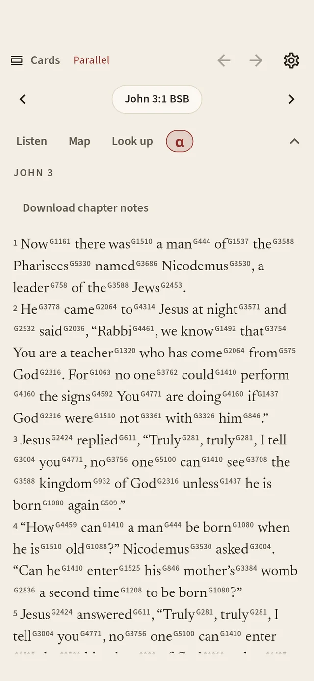 John 3 in the Berean Standard Bible with small Strong's numbers beside each word.