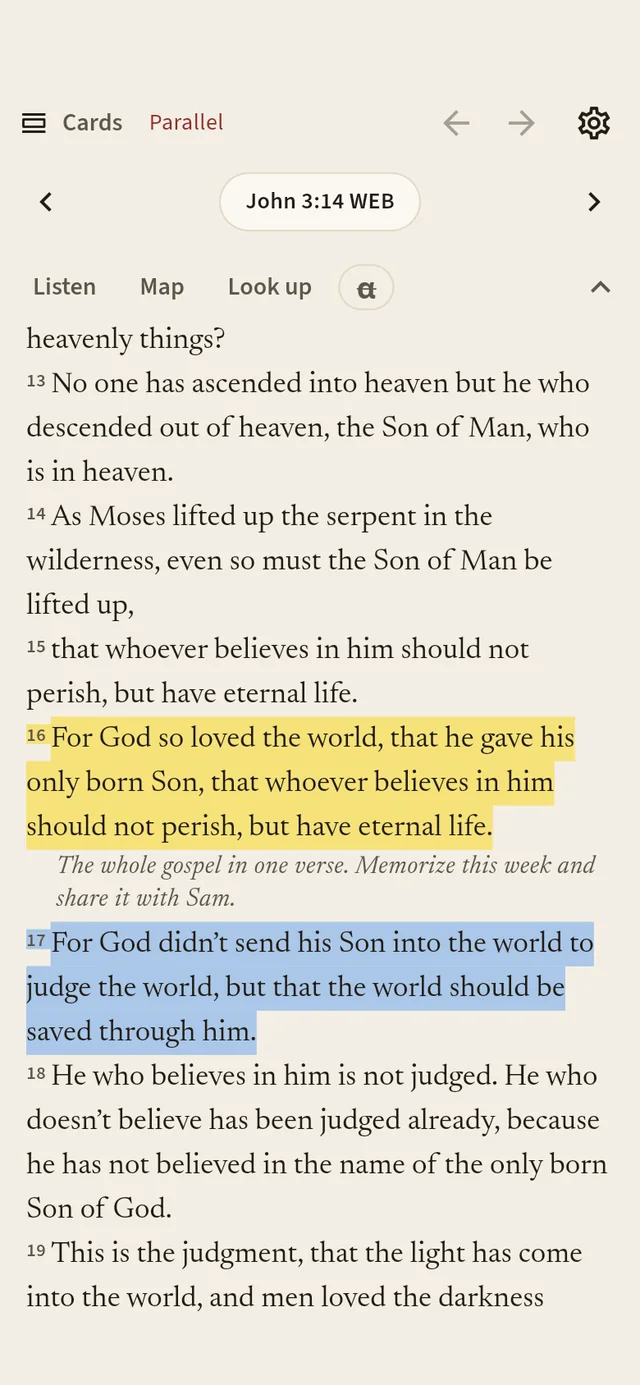 John 3:16 highlighted yellow and 3:17 highlighted blue, with a personal note under verse 16.