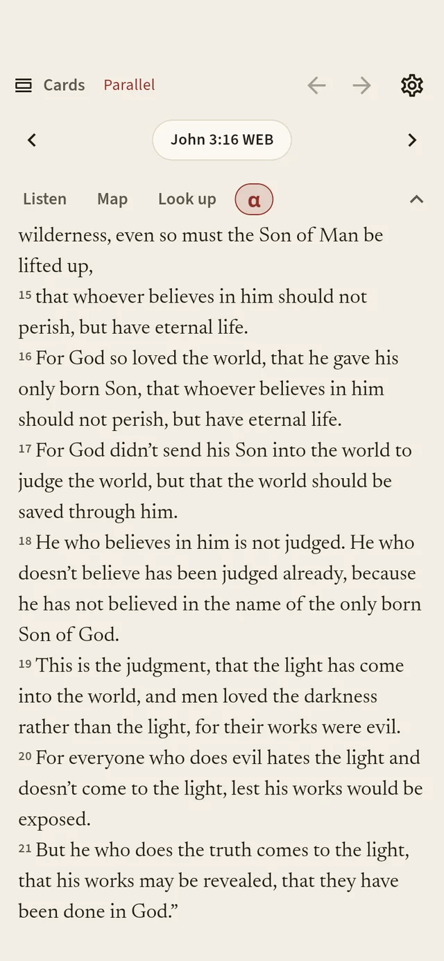 John 3 in Study mode with the toolbar showing Listen, Map, Look up and a lexicon toggle.