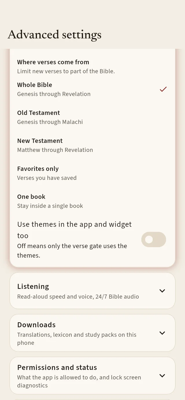 Verse sources in Advanced settings: where verses come from, and the switch Use themes in the app and widget too.