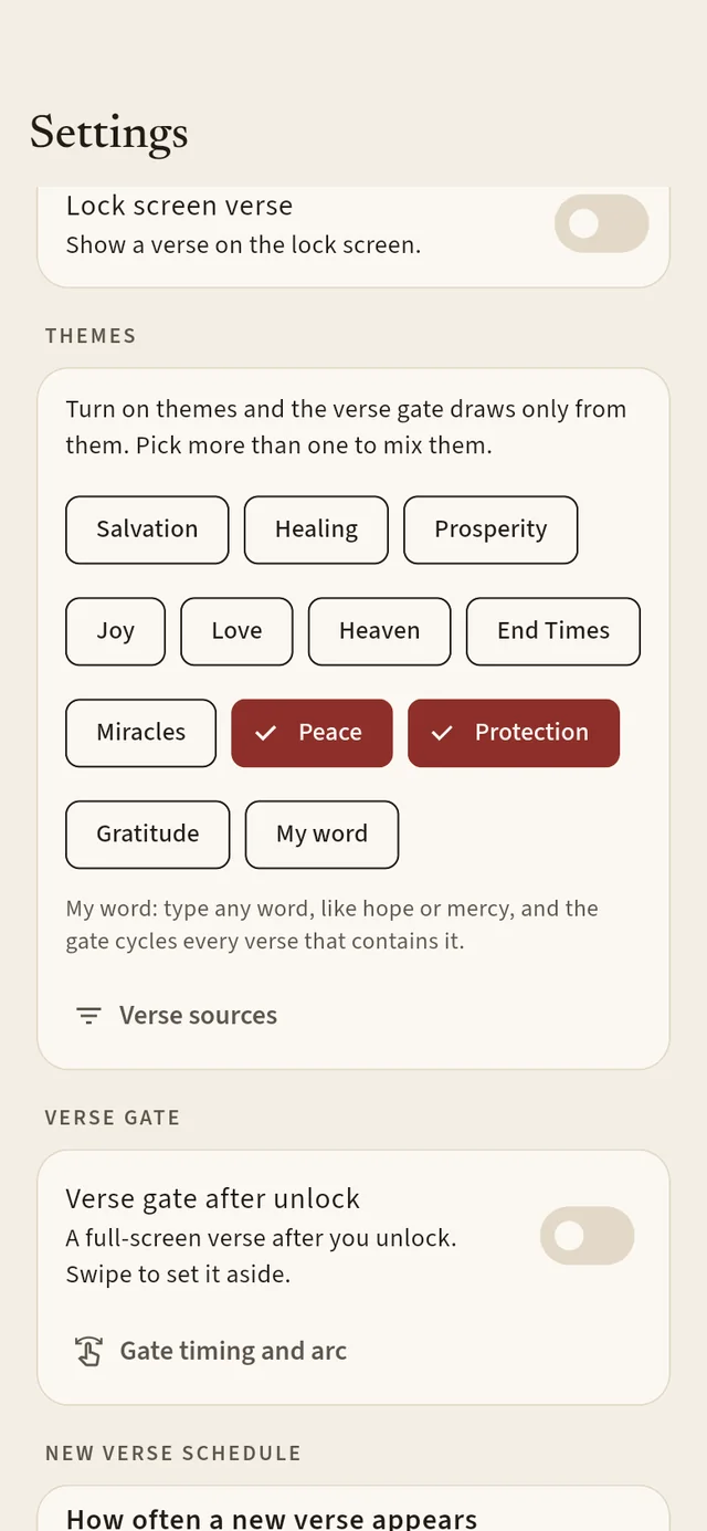 The Themes card in Settings with chips for Salvation, Healing, Prosperity, Joy, Love, Heaven, End Times, Miracles, Peace, Protection, Gratitude and My word. Peace and Protection are selected.