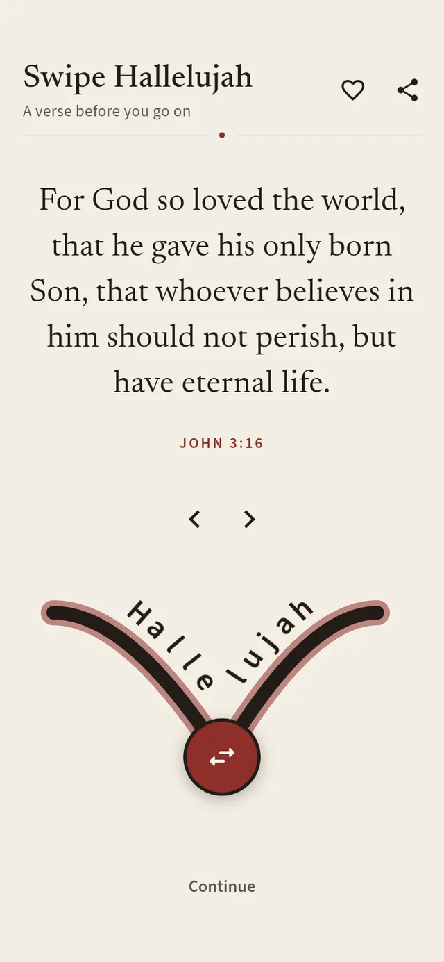 The verse gate showing John 3:16, with a curved Hallelujah slider that follows the arc of a thumb.