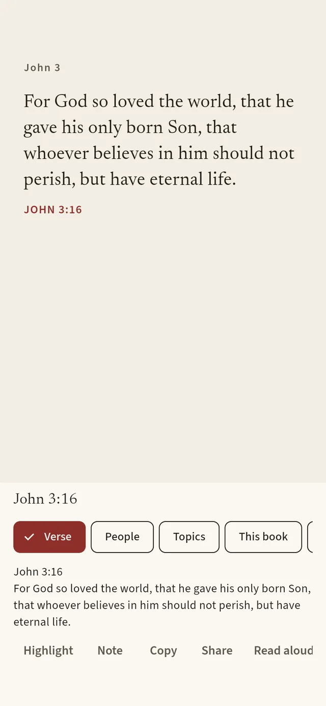 John 3:16 tapped, opening a sheet with tabs for Verse, People, Topics and This book, and buttons for Highlight, Note, Copy, Share and Read aloud.