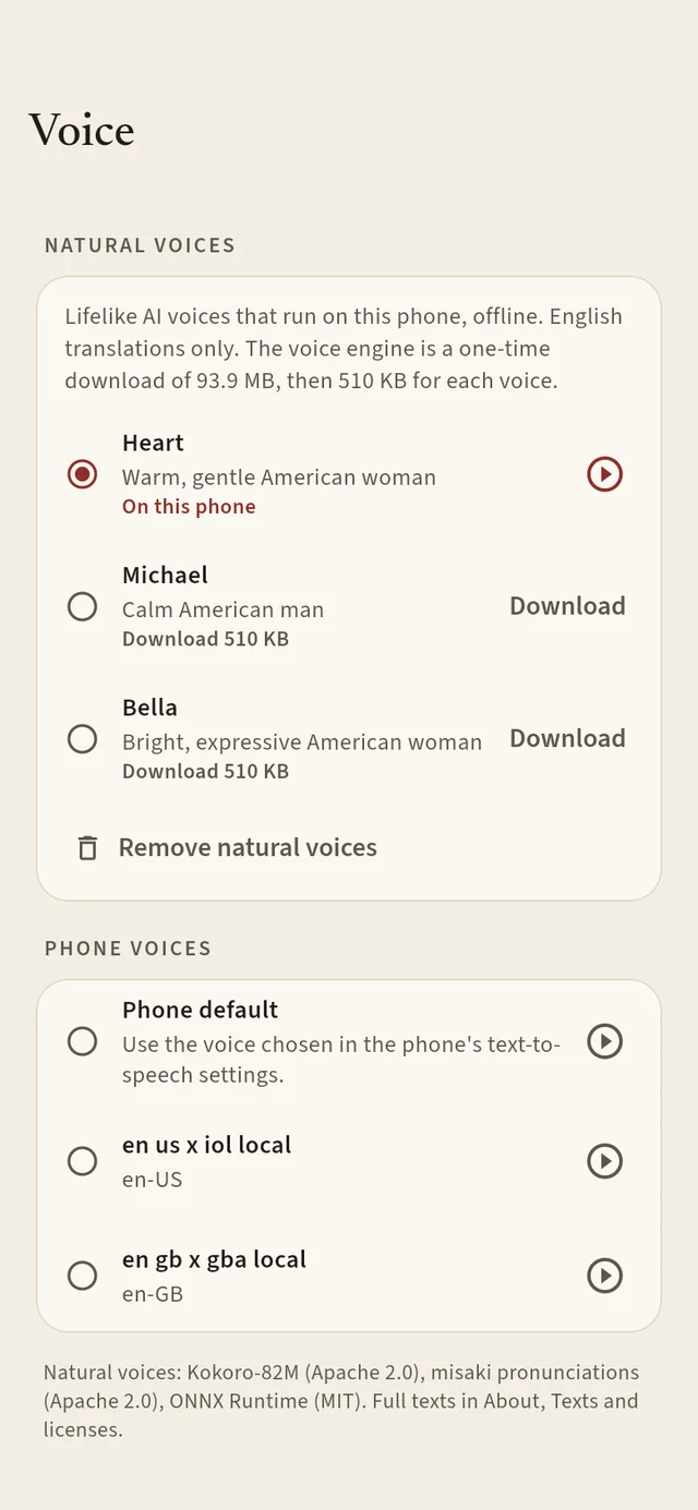 The Voice screen listing natural voices Heart, Michael and Bella, with phone voices below.